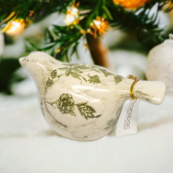 Ceramic Toile Bird Figurine  by Transpac - Cream & Green Floral -  Looking Up - Picture 4 of 7